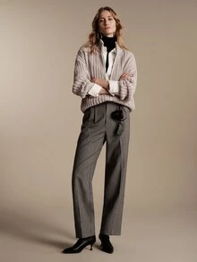 Anewsta Essential Autumn/Winter Elegant Lapel Zip-Up Hollow Stripe Vertical Hollow High-End Grey Knit Cardigan - Grey - View 5