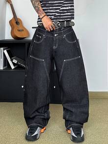 STEELVANCE Men's Streetwear Retro Fashion Versatile Distressed Washed Patchwork Studded Embroidered Design Loose Straight Wide Leg Casual Denim Jeans (Belt And Accessories Not Included) - Black - View 7