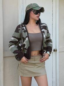 DAZY Autumn/Winter Green & Brown Camouflage Pattern Hooded Short Knit Cardigan, Casual Street Style Cool Chic Women's Sweater - Green - View 5