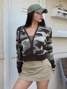 DAZY Autumn/Winter Green & Brown Camouflage Pattern Hooded Short Knit Cardigan, Casual Street Style Cool Chic Women's Sweater - Green - View 3