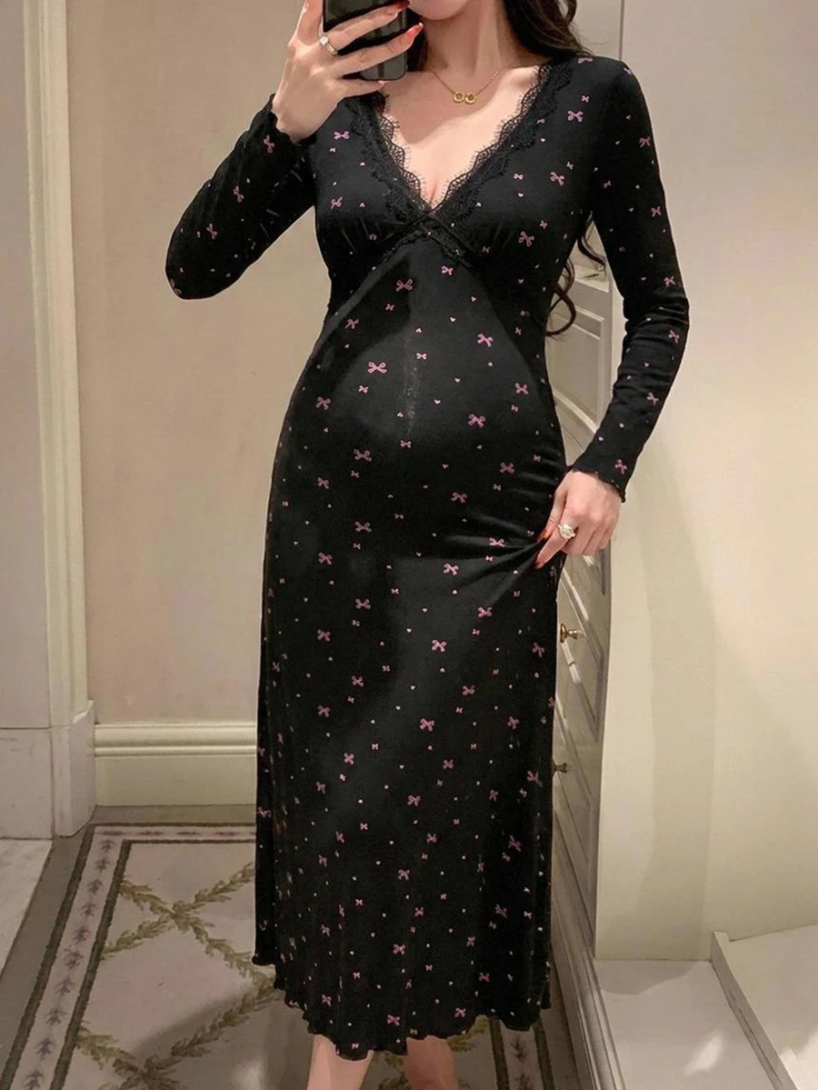 Dazy Maternity Bowknot All-Over Floral Print Slim Fit Waist-Cinching Lace Trim Long Sleeve Elegant Home Daily Spring Autumn Long Dress Maternity Dress - Black - View 1