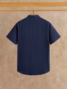 HIMLAND 2pcs/Set Men's Casual Woven Stand Collar Small V-Neck Short Sleeve Shirt Set - Multicolor - View 7