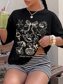 Muchica 大尺碼女款貝殼印花短袖上衣與短褲休閒日常兩件套 - 黑色 - 查看 6