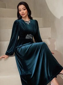 Veilorie فستان حفلة فاخر أنيق جديد مزين بالراينستون الثقيل بتصميم خصر مشدود وطيات أنيقة - أخضر داكن - مشاهدة 7