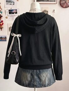 Lalippa Sweatshirt Kasual Modis Model Dasar Leher V Berkerudung dengan Motif Bunga Warna Hitam - Hitam - View 2