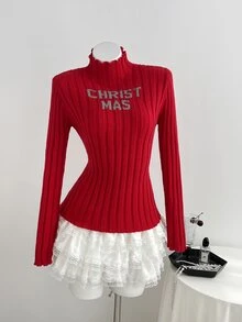 Elamini Sweater Wanita Lengan Panjang Kerah Tegak dengan Motif Huruf dan Potongan Slim Fit - Merah - View 5