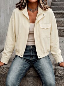 Breezaya Jaket Wanita Warna Polos, Bahu Longgar, Lengan Panjang, Resleting Depan, Saku Serbaguna, Cocok untuk Perjalanan Sehari-hari, Warna Beige, Musim Gugur, Kasual, Gaya Jalanan. - Khaki - View 7