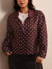 Elaquor Plus Size French Style Versatile Polka Dot Print Long Sleeve Jacket - Coffee Brown - View 7