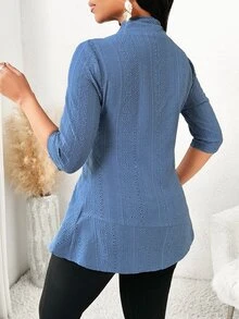 SHEIN Lady 四季通用藍色鏤空復古紋理女款開襟外套 秋冬款 - 藍色 - 查看 2