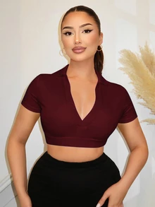 SHEIN SXY Women's Solid Color Casual Daily Short Sleeve T-Shirt - Burgundy - View 4