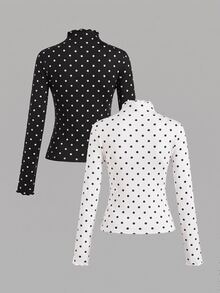 SHEIN EZwear 波點荷葉邊飾 2 件組休閒立領修身純色黑白長袖打底 T 恤，百搭秋冬上衣，適合日常通勤、約會、聚會、秋冬/夏季、聖誕節、新年、感恩節、派對、婚禮、海灘、畢業典禮，時尚優雅休閒外出約會穿搭 - 彩色 - 查看 2