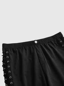 ROMWE Grunge Punk Dark Punk Motorcycle Heavy Duty Eyelet Webbing Tie Design High Elasticity Slim Fit Plus Size Cropped Pants - Black - View 3