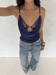Aloruh 女款蕾絲拼接百褶性感百搭細肩帶背心 - 藏蓝色 - 查看 1