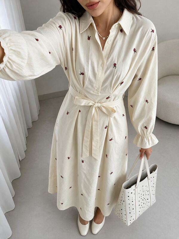 Solavon Women's Floral Long Sleeve Button Half-Placket Casual Arabian Dress