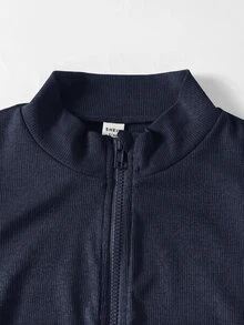 SHEIN 兒童青少年女孩運動休閒日常針織素色開襟外套與喇叭長褲套裝 秋冬穿搭 - 藍色 - 查看 7