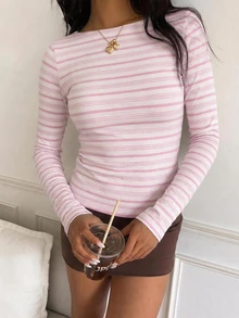 CovetEZ 95%棉全印花女款方領長袖T恤 - 粉色 - 查看 4