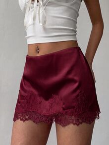 Aloruh Women's Elegant Low Waist Lace Patchwork Satin Fitted Pink Mini Skirt - Burgundy - View 4