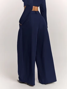 SHEIN BAE Women's Solid Color Casual Daily Wear Suit Pants - Navy Blue - View 2