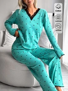 SHEIN Cotton Rib 2pcs Mint Heart Long Sleeve Contrast Lace Sleep Tee Long Pants Casual Lounge Pajama Set - Mint Green - View 4