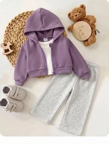 SHEIN 女嬰可愛灰色針織連帽外套與鬆緊腰長褲套裝 - 淺灰紫 - 查看 1