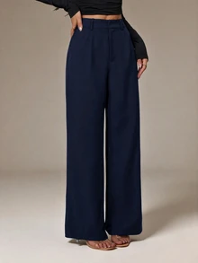 SHEIN PETITE Women's Solid Color Casual Versatile Daily Wear Suit Pants - Navy Blue - View 6