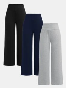 SHEIN Tween女孩秋冬針織長褲3件組，黑色、深灰色、淺灰色，高腰寬腰頭，修身直筒寬腿褲，百搭簡約舒適街頭風 - 藏蓝色 - 查看 3