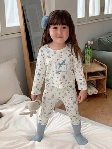 DAZY Baby Girls Round Neck All-Over Print Long Sleeve T-Shirt And Long Pants Loungewear Fall - Beige - View 3