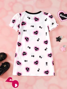 HELLO KITTY AND FRIENDS | SHEIN Gaun Anak Perempuan Motif Kartun dengan Lengan Berbentuk Kelopak Bunga dan Hiasan Pita - MultiWarna - View 2