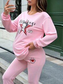 Lyckli Betty Boop x SHEIN Setelan Hamil 2 Potong: Sweatshirt Lengan Panjang Motif Huruf & Bintang dan Celana Flare Pinggang Dapat Disesuaikan, Musim Gugur - Berwarna merah muda - View 2