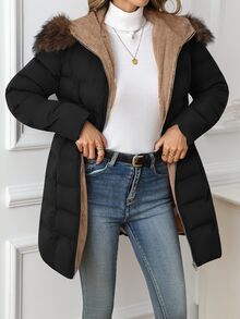 SHEIN Clasi معطف شتوي مبطن للنساء من الفرو الصناعي بتصميم مرقع مع بطانية رأس وجيوب - الأسود - مشاهدة 4