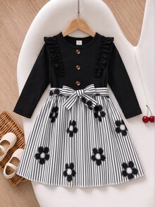 Casuvi Kids Young Girl Preppy Floral Dress, Ruffle Sleeve Stripe Skirt With Bow Fall Party Dress - Black - View 7