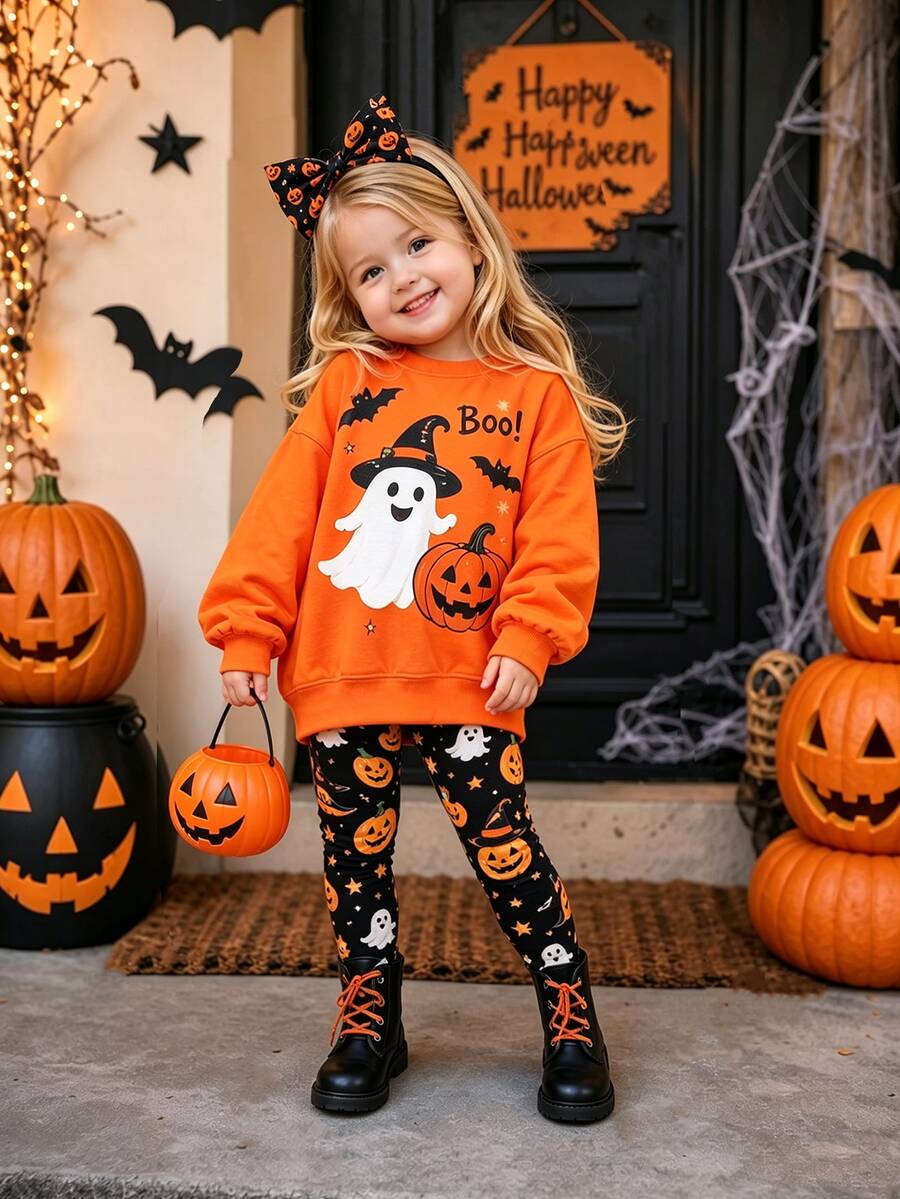 Oo Cute To Spook 幼女萬聖節服裝,可愛幽靈娃娃萬聖節南瓜圖案內搭褲套裝 (2件組),秋季服飾系列 - 彩色 - 查看 1