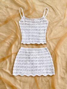 Soleia Women's Solid Color Hollow Out Camisole Knit Top And Knit Skirt 2 Pieces Set Beach Vacation White Summer Boho Tropical,Girly, - White - View 6