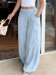 SHEIN PETITE CURVE Plus Size Fashion Streetwear Elastic Waist Pocket Loose Denim Jeans - Apricot - View 1