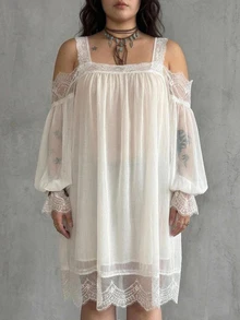 Dazy Plus Lace Patchwork Spaghetti Strap Cold Shoulder Short Dress Sexy Elegant Outfit Nightgown - White - View 4
