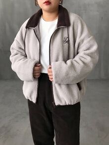 Dazy Plus Fleece Colorblock Patchwork Korean Style Preppy Versatile Warm Jacket Coat, New Autumn/Winter - Light Grey - View 4