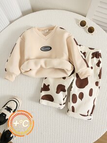 SHEIN 2件組嬰兒男孩女孩秋冬休閒奶牛印花套裝，衛衣與寬腿褲，嬰兒幼兒套裝 - 彩色 - 查看 4
