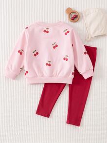 SHEIN 2pcs/Set Cute Cherry Pattern Sweatshirt & Elastic Waist Long Pants Outfit For Baby Girls - Pink - View 2