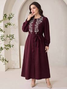 Feyla Plus Size Women's Floral Print Round Neck Long Sleeve Elegant Dress - Burgundy - View 4