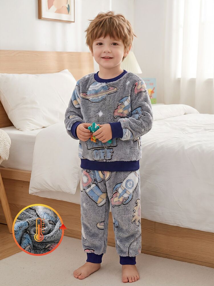 Young Boy Simple Cool Fashion Casual Glow-In-The-Dark Cartoon Print Spaceship Rocket Plush Long Sleeve Pants 2 Pieces Set Loungewear Pajamas - Multicolor - View 5