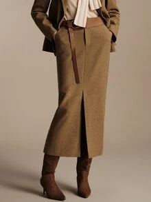 Anewsta Essential Women's Minimalist Elegant Versatile Luxury High-End Suit Straight Slimming Front Slit Mid-Length Skirt - Khaki - View 3