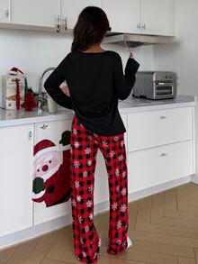 SHEIN Christmas Snowflake Print Pocket Solid Color Long Sleeve Plaid Pants Pajama Set - Black - View 3