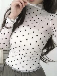 DAZY 女款透視蕾絲高領修身波點套頭T恤 秋季 - 白色 - 查看 1