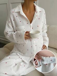 Dazy Maternity Contrast Color Heart Print Loose Long Sleeve Shirt & Straight Leg Pants Casual Daily Home Wear Spring Autumn Maternity 2 Pieces Set - White - View 1