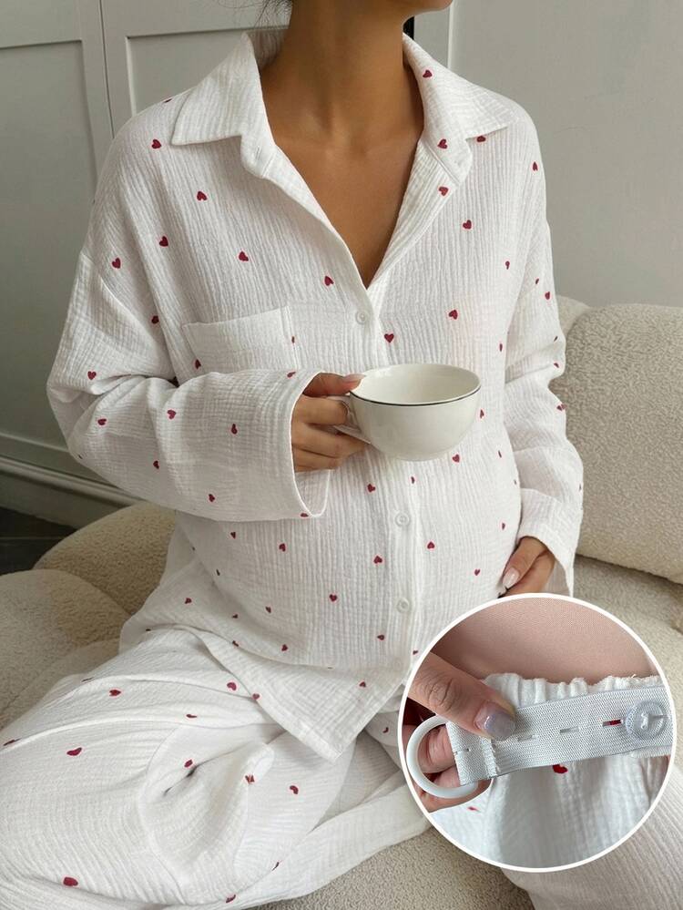 Dazy Maternity 對比色愛心印花寬鬆長袖上衣與直筒長褲休閒日常居家穿著春秋孕婦兩件套 - 白色 - 查看 5