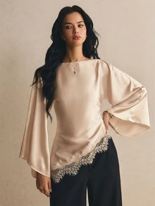 Poéselle 女款時尚優雅蕾絲拼接不對稱下擺襯衫 - 卡其色 - 查看 4