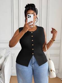 SHEIN PETITE CURVE 大尺碼女款休閒優雅傳統純色前開扣無袖針織上衣，夏季女裝辦公商務正式黑色 - 黑色 - 查看 7