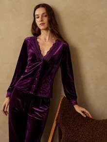 MOTF PREMIUM WOMEN'S CONTRAST LACE & VELVET PAJAMA SET - Purple - View 6