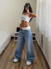 Rivivi 女款摺腰口袋寬腿寬鬆休閒牛仔褲 - 藍色 - 查看 5