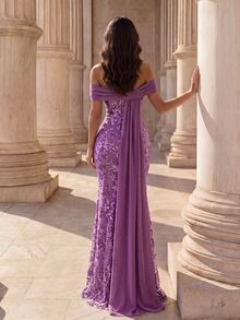 Coutiva Lake Blue Off-Shoulder Ruched Sequin Fitted Mermaid Side Drape Flounce Train Long Evening Gown - Purple - View 2